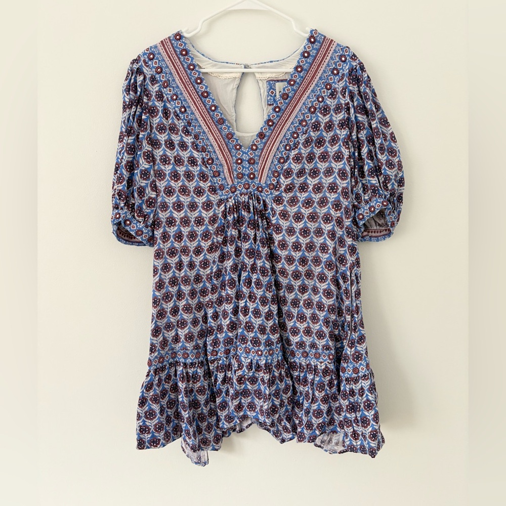 Anthropologie Maeve Puff Sleeve V Neck Medallion Lined Mini Dress Size Medium - Picture 7 of 14